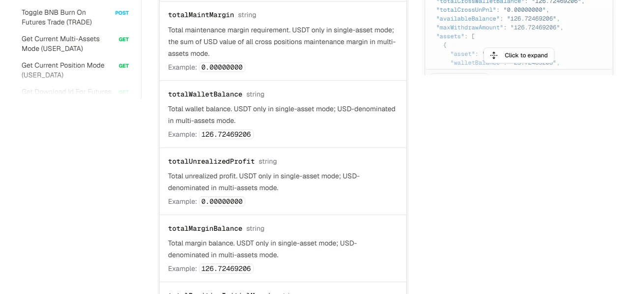 幣安開發者文件 Account Information V3 的回應欄位說明,依序列出 totalMaintMargin、totalWalletBalance、totalUnrealizedProfit、totalMarginBalance 等欄位與「USDT only in single-asset mode」的註記,右側為範例回應