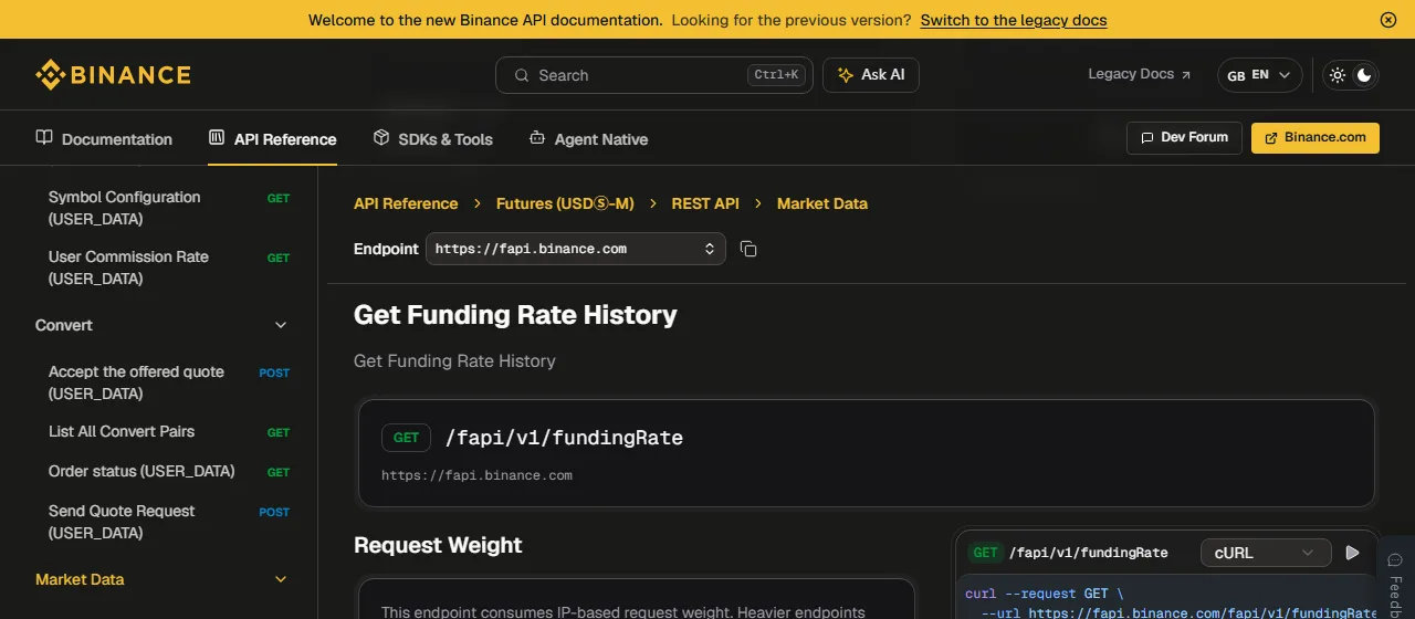 Binance Get Funding Rate History 官方文件，顯示 fundingRate 端點