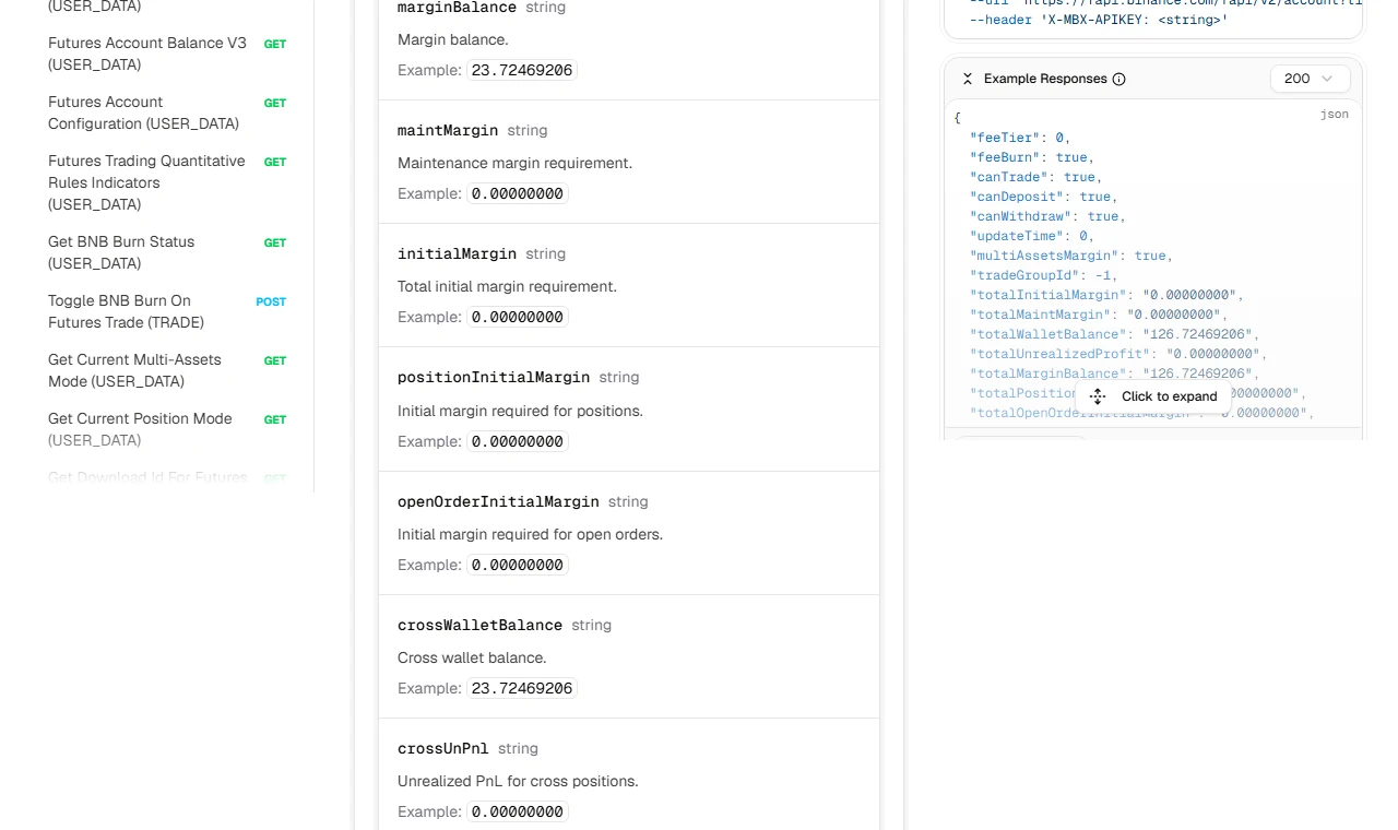 Binance developer sənədində Account Information V3 cavabının aktivlər üzrə sahələri: marginBalance, maintMargin, initialMargin, positionInitialMargin, openOrderInitialMargin, crossWalletBalance və crossUnPnl təsvirləri, sağda nümunə cavab