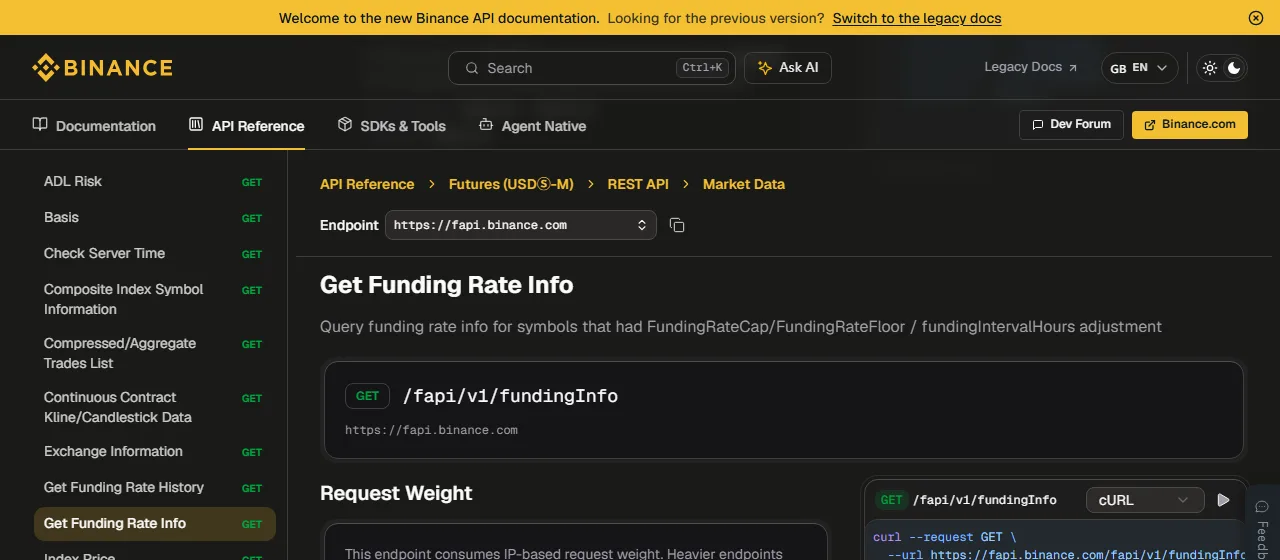 Binance Get Funding Rate Info 官方文件，顯示費率上下限與 fundingIntervalHours