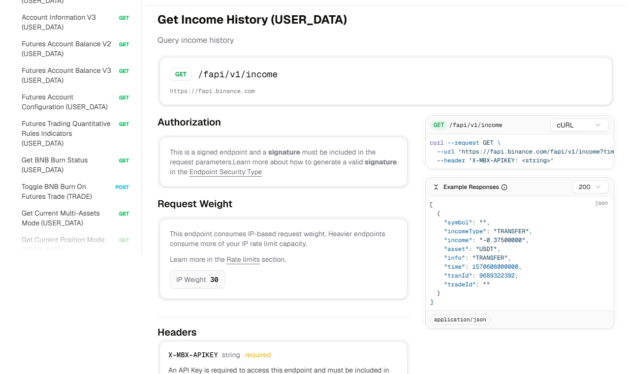 Binance USDⓈ-M sənədində Get Income History bölməsi və /fapi/v1/income uç nöqtəsi
