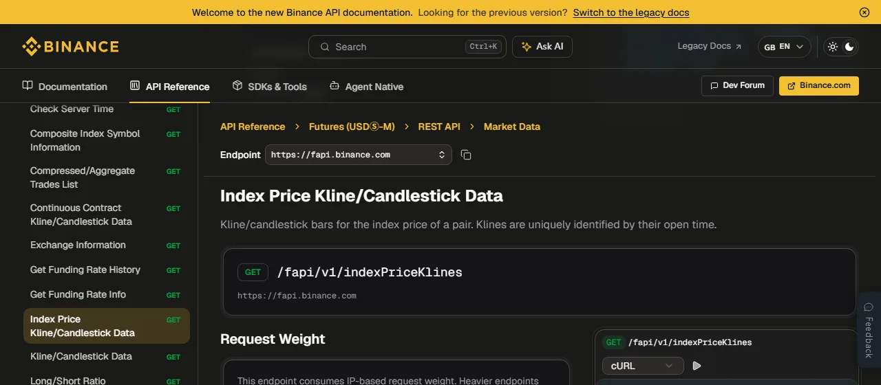 幣安官方 API 文件中的 Index Price Kline 資料頁