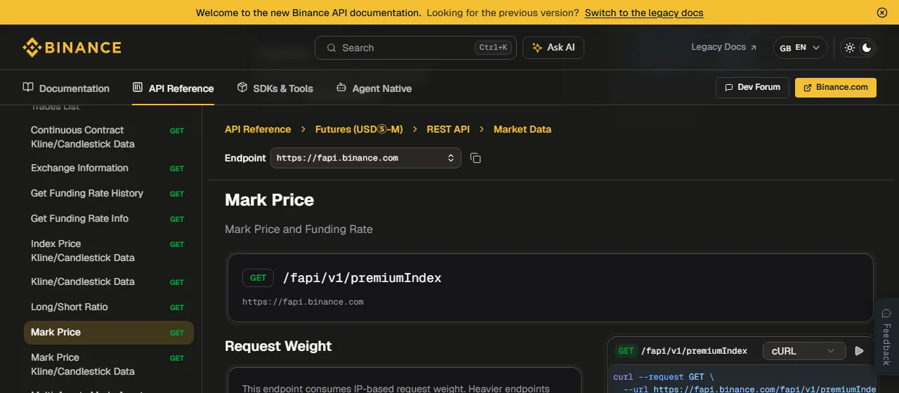 幣安 USDⓈ-M 官方 API 文件中的 Mark Price 資料頁
