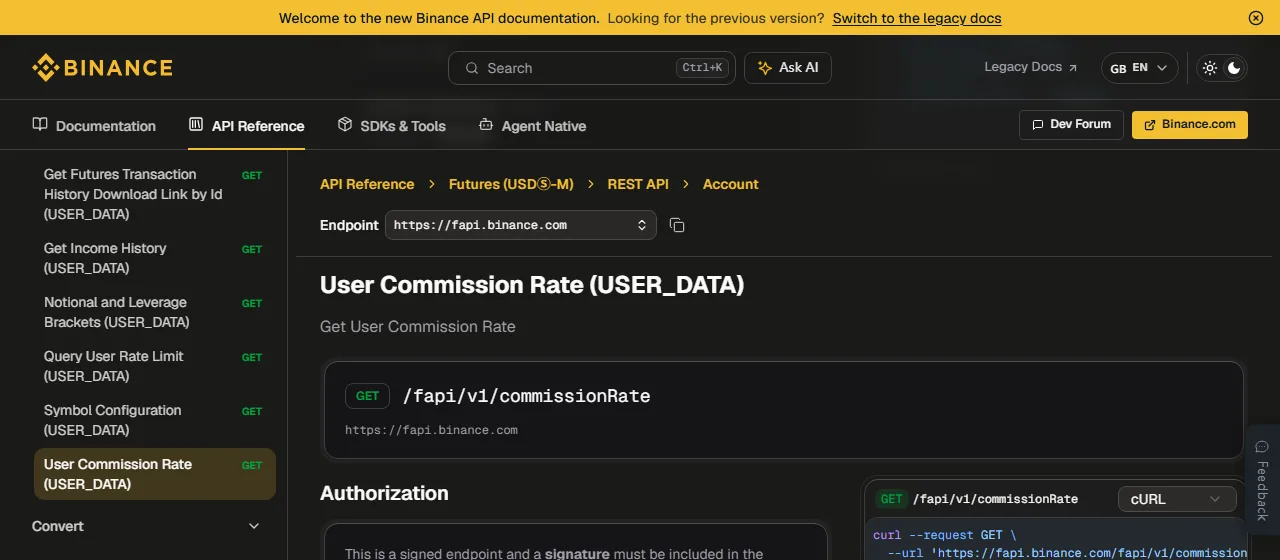 Binance rəsmi User Commission Rate sənədində ticarət cütü üzrə hesab komissiyası