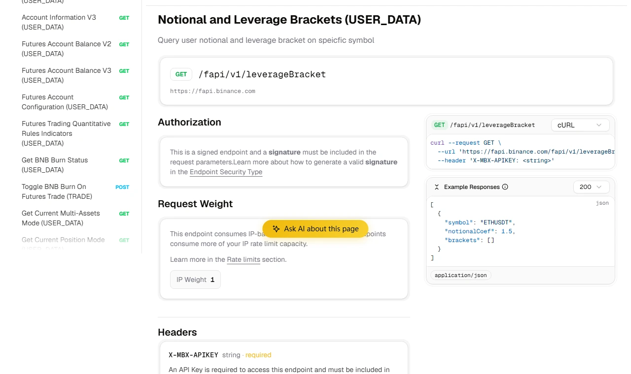 Binance USDⓈ-M sənədində Notional and Leverage Brackets bölməsi və /fapi/v1/leverageBracket uç nöqtəsi