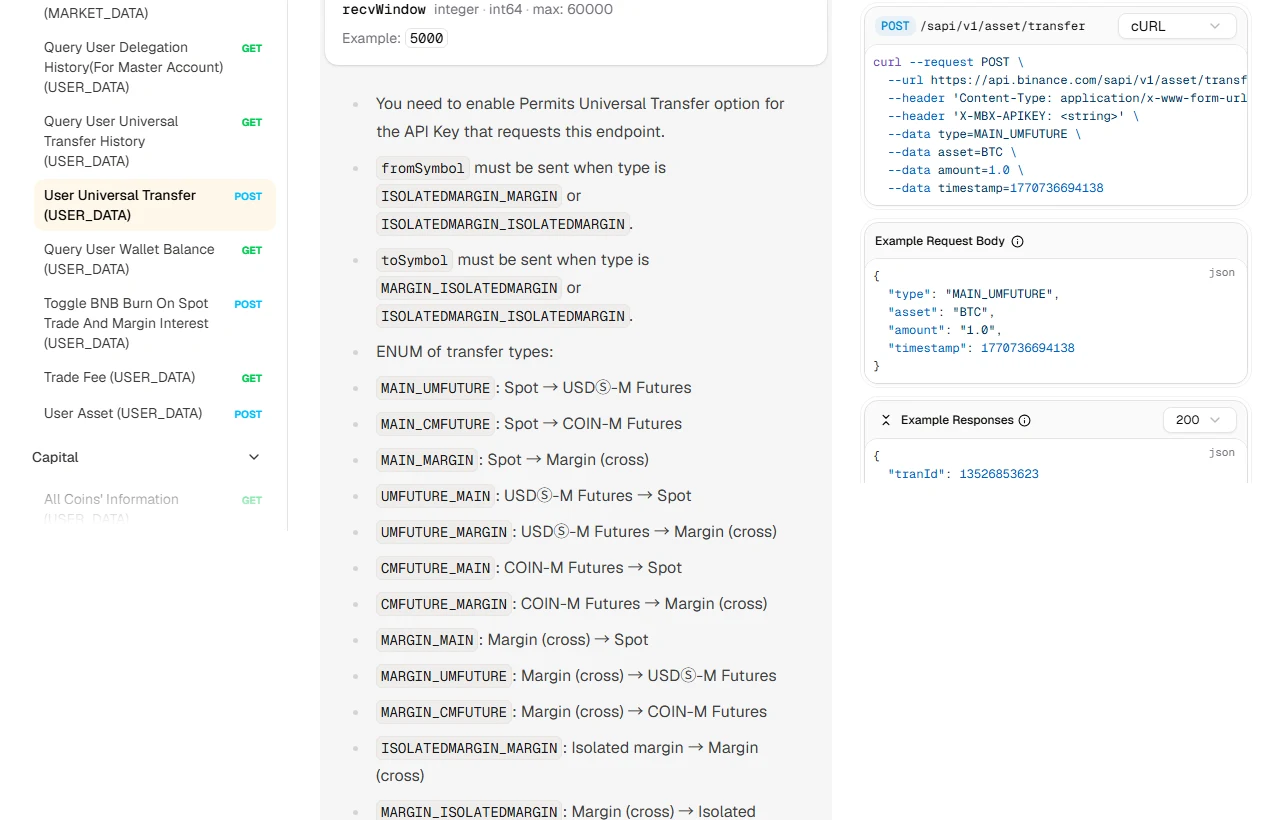 幣安開發者文件 User Universal Transfer 小節,列出 API 金鑰須開啟 Permits Universal Transfer 的說明,以及 MAIN_UMFUTURE(Spot → USDⓈ-M Futures)、MAIN_CMFUTURE 等劃轉方向代號