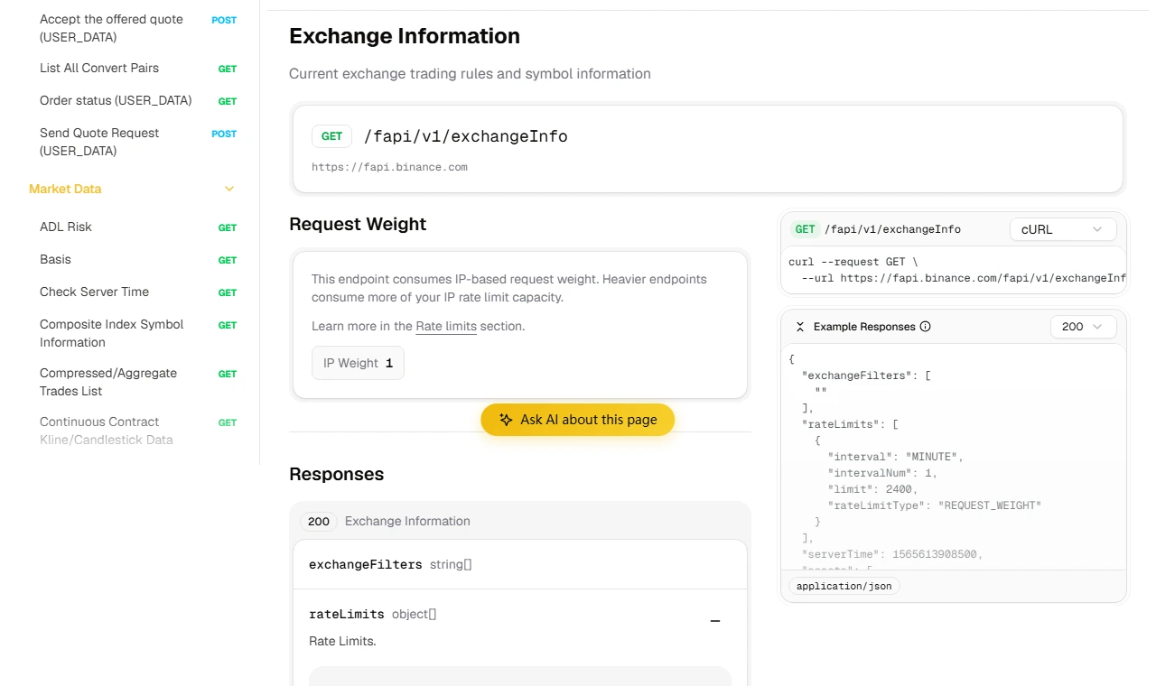 Binance USDⓈ-M sənədində Exchange Information bölməsi və /fapi/v1/exchangeInfo uç nöqtəsi