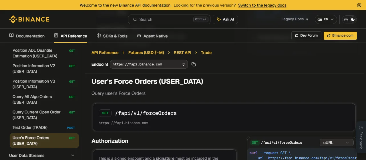 幣安官方 User's Force Orders 文件顯示強平與 ADL 強制訂單查詢